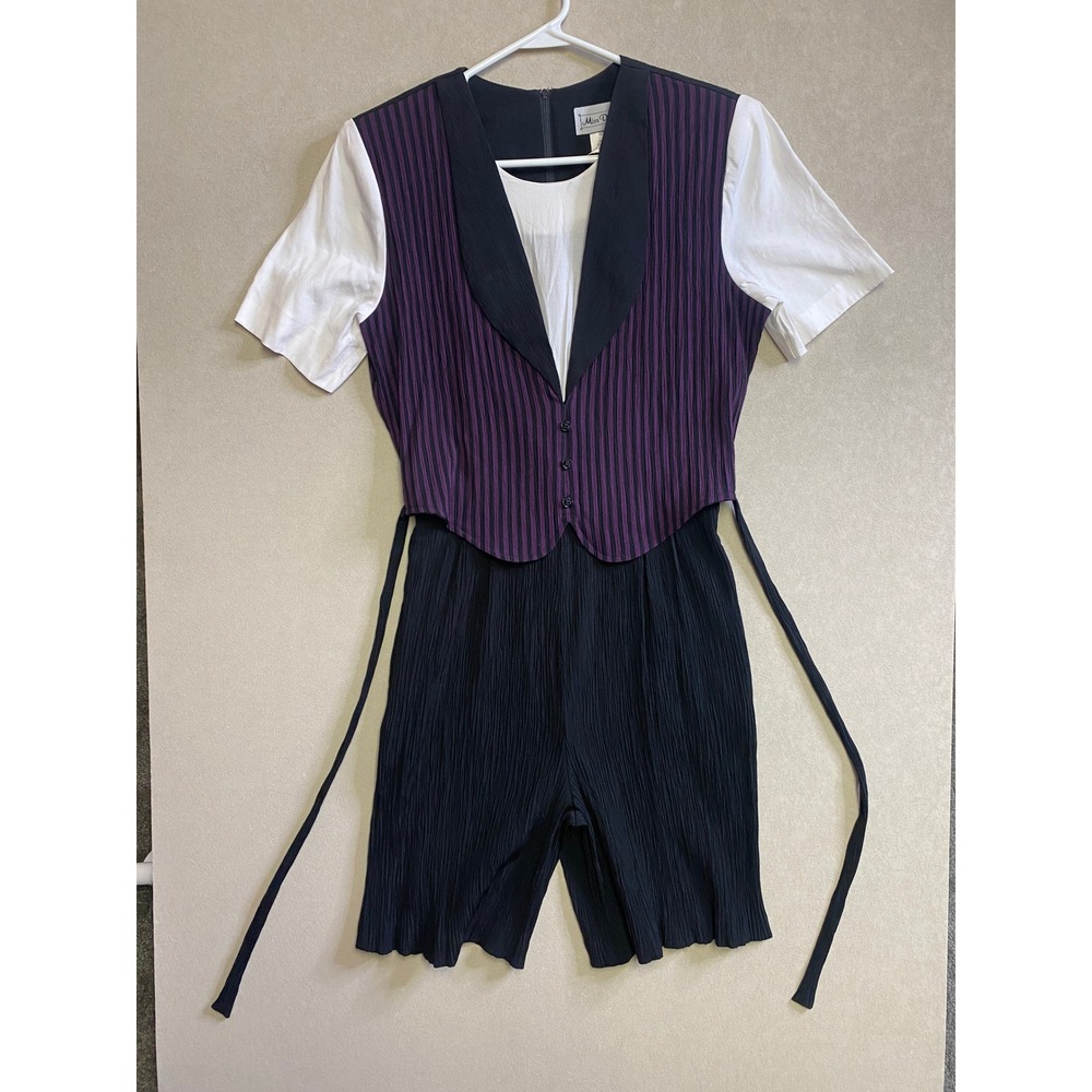 Miss Dorby Vintage Romper Black Purple Striped Vest Illusion Short Sleeve Sz 12